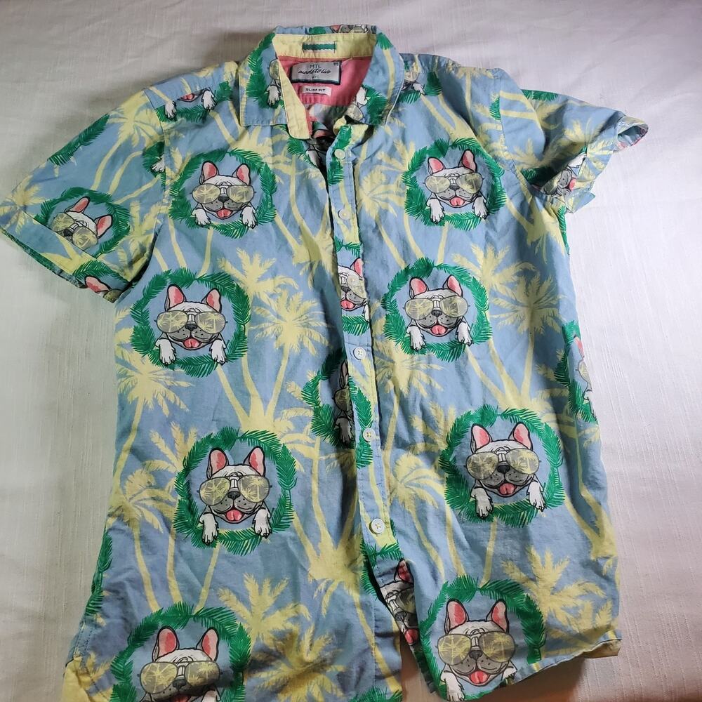 MTL Made To Live Boys Size M Medium Short Sleeve Button Down Hawaiian Frenchie S